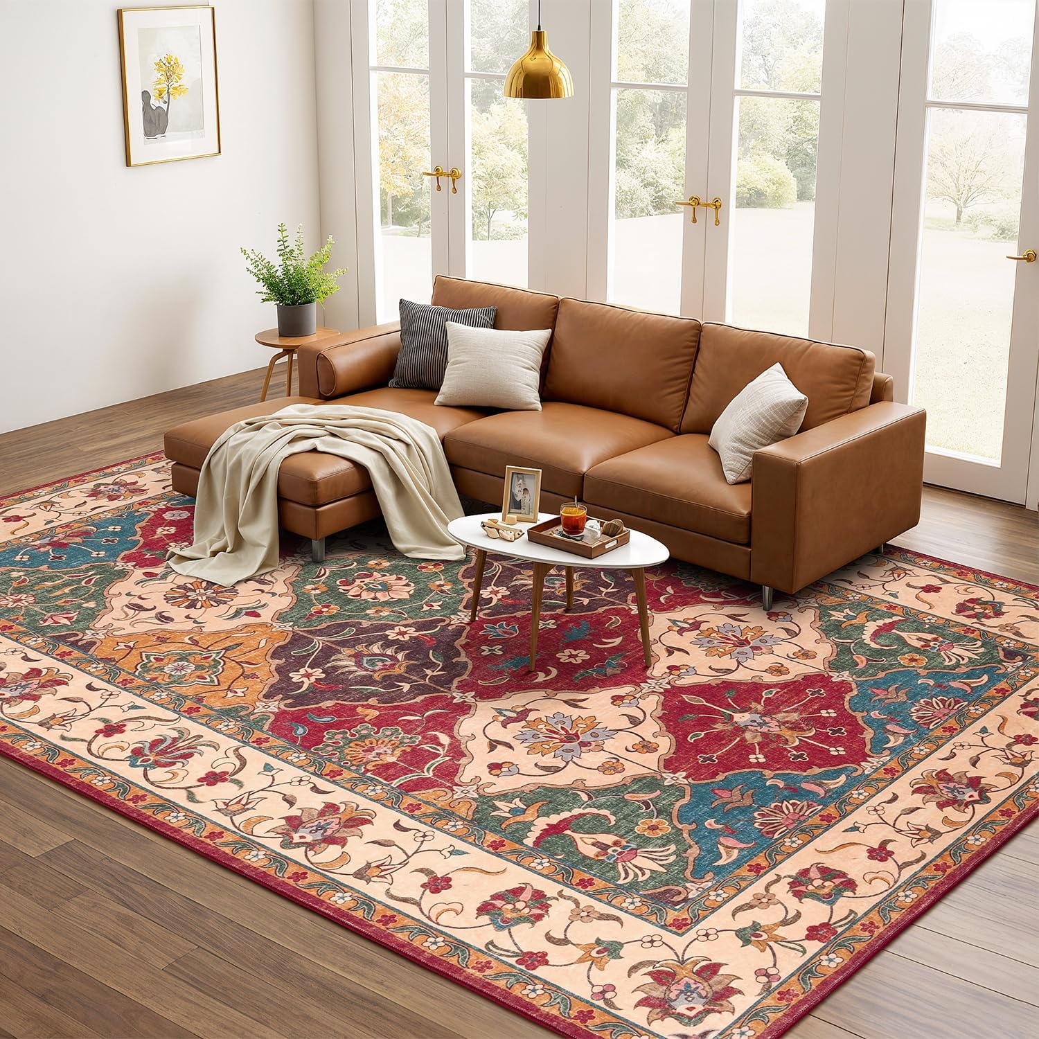Lessymo Moroccan Washable Area Rugs 5x7, Soft Rugs for Living Room Bedroom, Indoor Non-Slip Large Vintage Carpet for Entryway Home Office, Classic Red and Cream