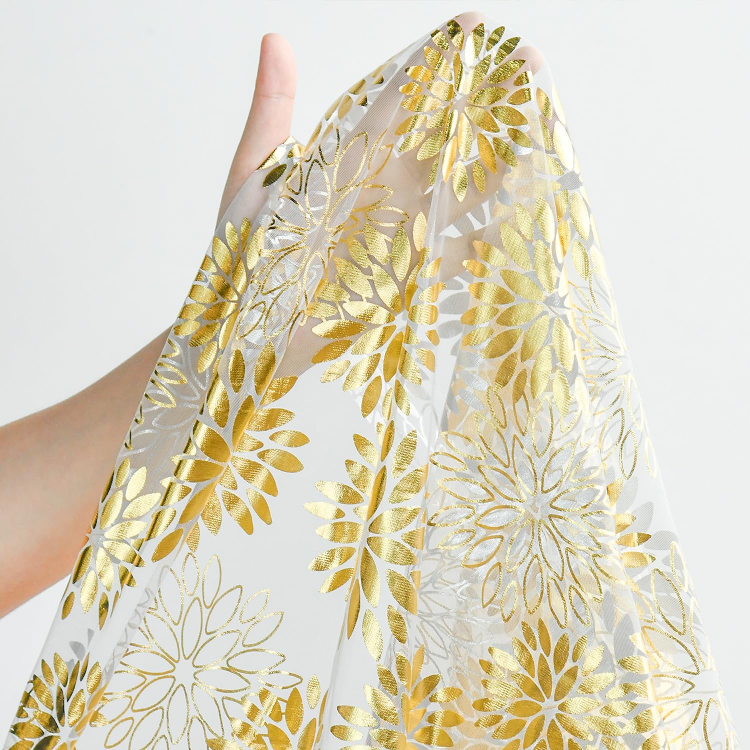 Artoid Mode 6PCS Beige Gold Dahlia Flower Gauze Table Runner 120 Inch 10FT, Glitter Metallic Foil Sheer Cheesecloth Dining Holiday Table Decor for Home Party