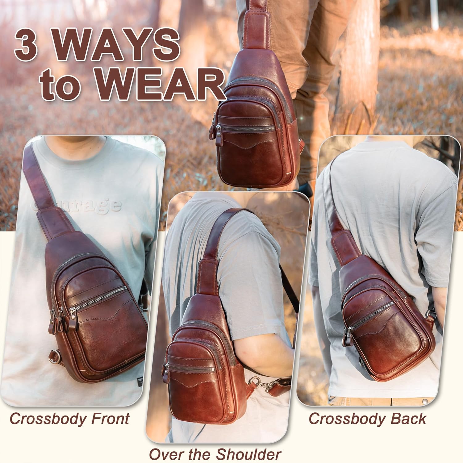 Genuine Leather Sling Bag for Men and Women Crossbody Shoulder Bag Sling Backpack Chest Purse Carry on Casual Daypack | Genuine Leather, Shoulder Bag, Carry on, Casual, Daypack - Image 3