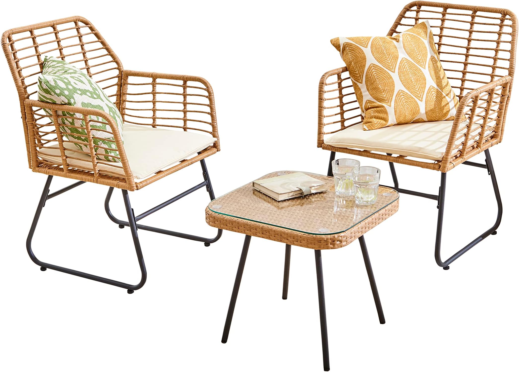 Neo Garden Patio Furniture Wicker Rattan Chair Table Outdoor Indoor Balcony Conservatory Cushion Bistro Set (Natural)