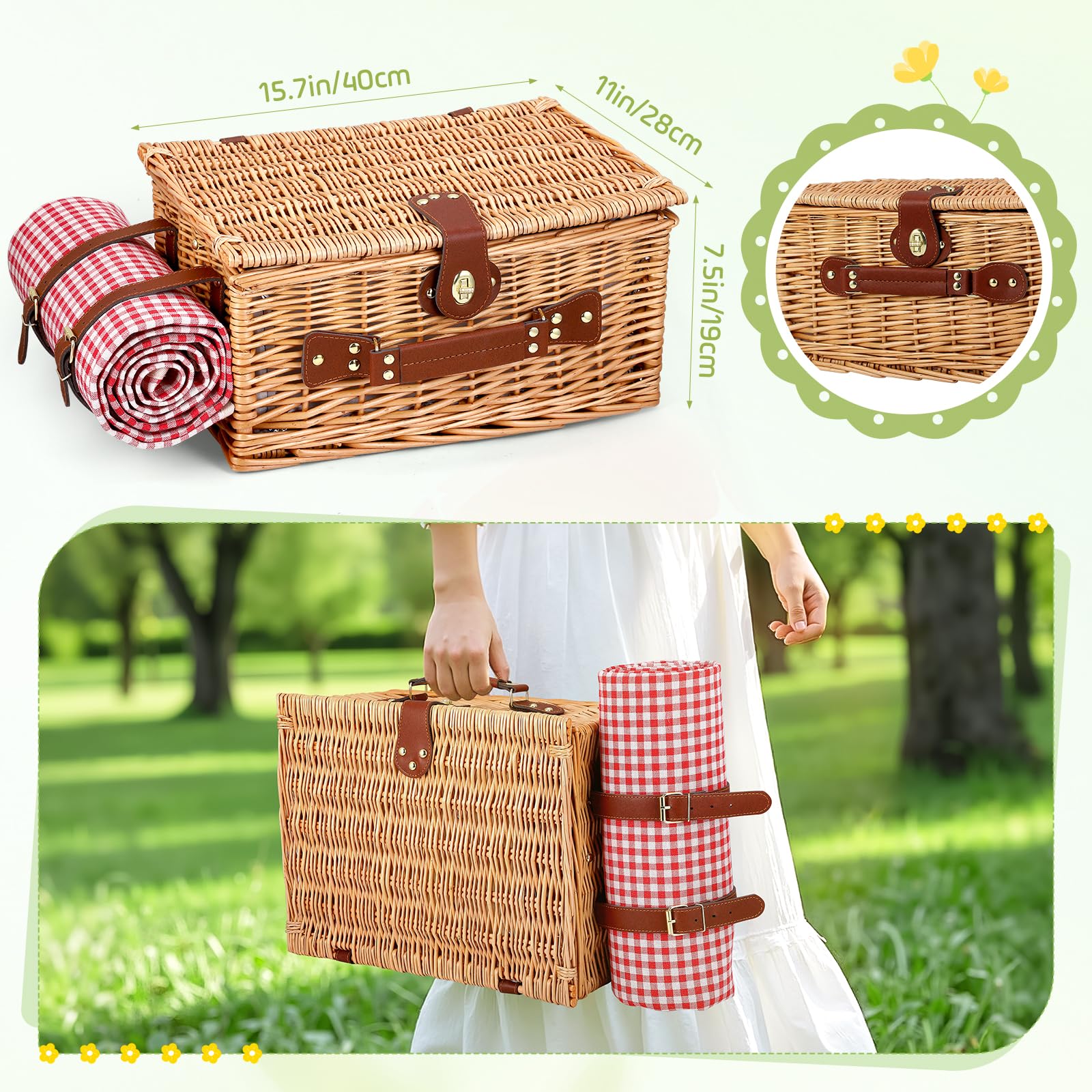 Cesta de Picnic Mimbre para 4 Personas, Cesta Trenzada a Mano con Aislamiento Integrado y Manta Impermeable – Set Completo con 4 Cubiertos, Platos, Vasos para Camping Playa jardín