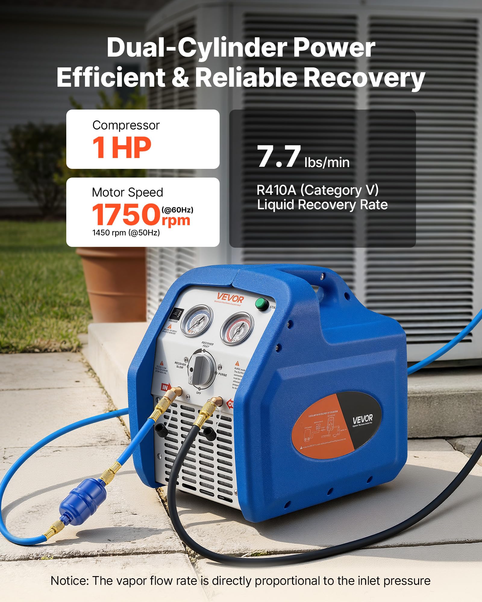 VEVOR Máquina Portátil de Recuperación de Refrigerante 1 HP, Máquina de Recuperación con Protección de Alta Presión 3,5 kg/min Velocidad de 1450 RPM, Cilindro Doble, para Sistemas de Climatización