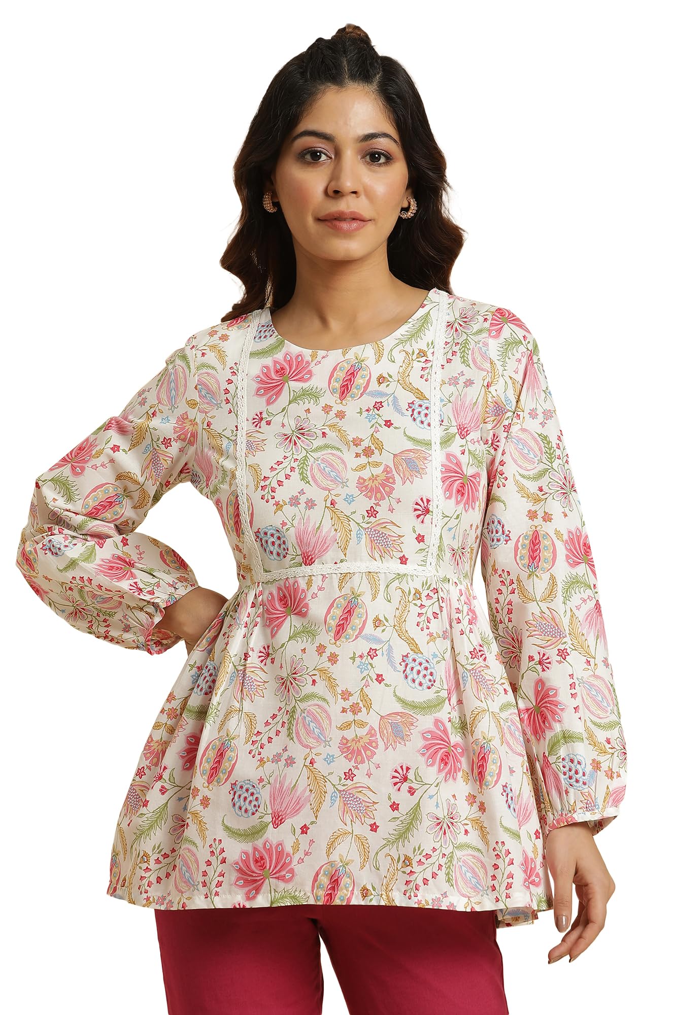 Women Ecru Gathered Regular Fit Top with Bright Floral Print-image-10