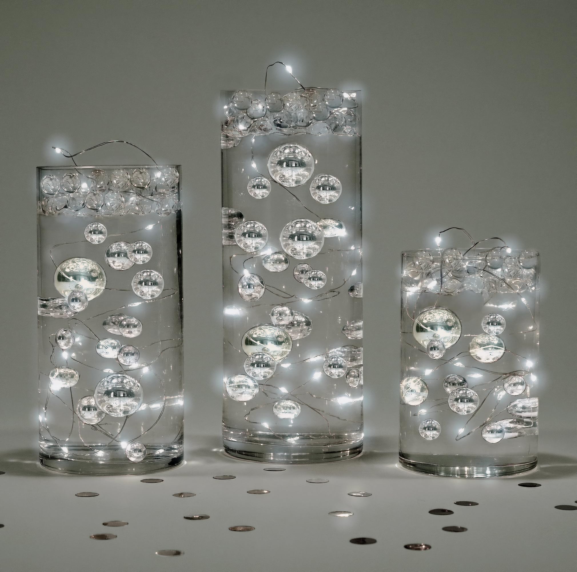 400 Floating Metallic Silver Pearls - No Hole Jumbo/Assorted Sizes Vase Decorations-Fills 10 Gallons of Transparent Water Gels for Vases-with Measured Water Gels Prep Bags for Best Results!