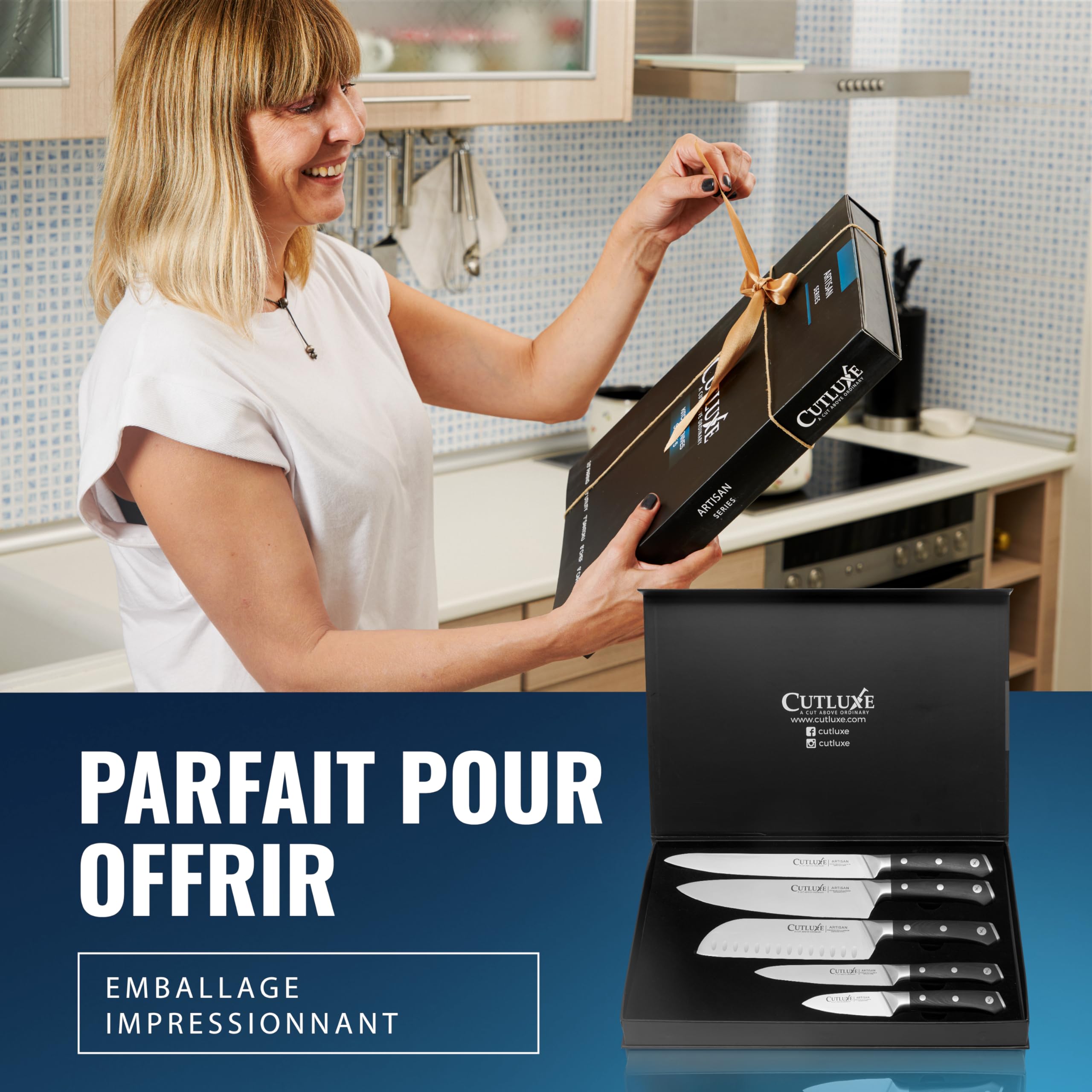 Cutluxe Set 5 Couteaux de Cuisine – Acier Allemand, Ultra Tranchant | Pleine soie et poignées ergonomiques; lames en carbone pour chef, légumes et viande; coffret garantie à vie