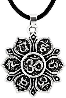 Buddhist Yoga Lotus Flower Pray Mantra Om Mani Padme Hum Pendant Necklace, Faux Leather Cord, Buddhist Jewelry Gift