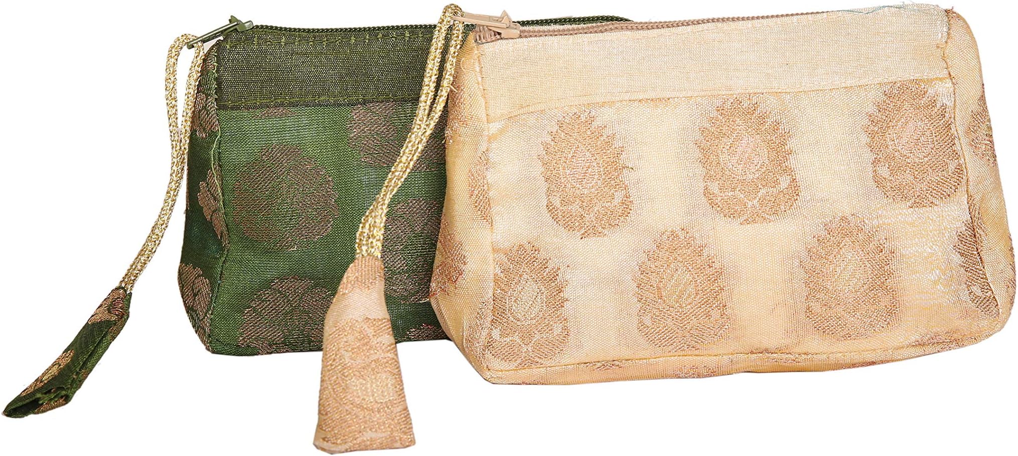 Zamour Handmade Antique Silk Clutch Wristlet Indian Made Purse Organza Bag with Ethnic design Wedding Gift Pouch (Set of two)