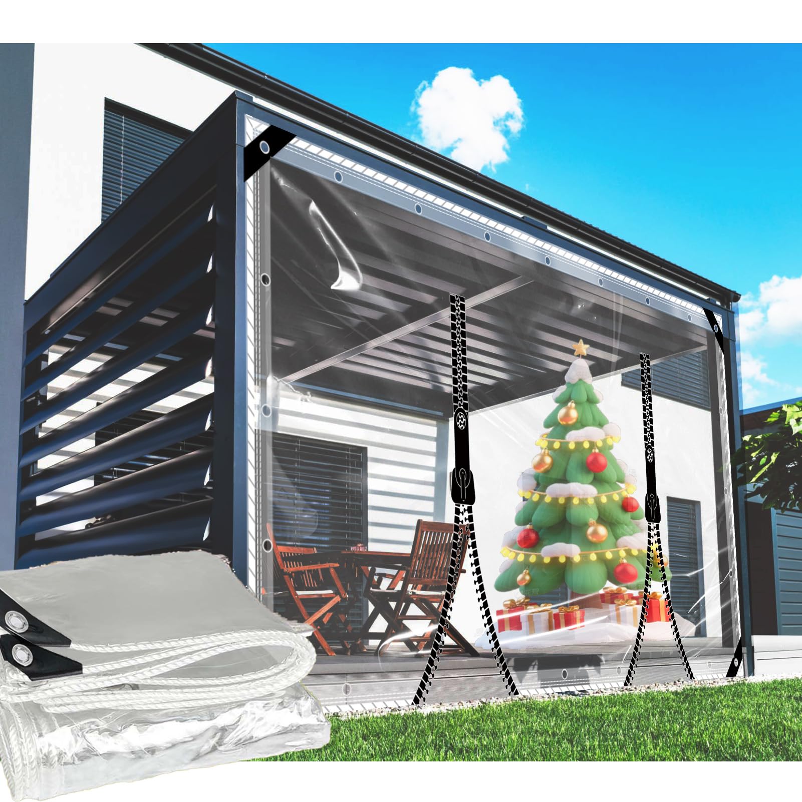 Lona Transparentes Impermeable Exterior con Ojales 2.5x3.6m,Lona de Plástico PVC de 0,35 mm con 2 Cremallera,Toldo Transparente Exterior Terraza para Cenador, Balcón,Muebles de Jardín