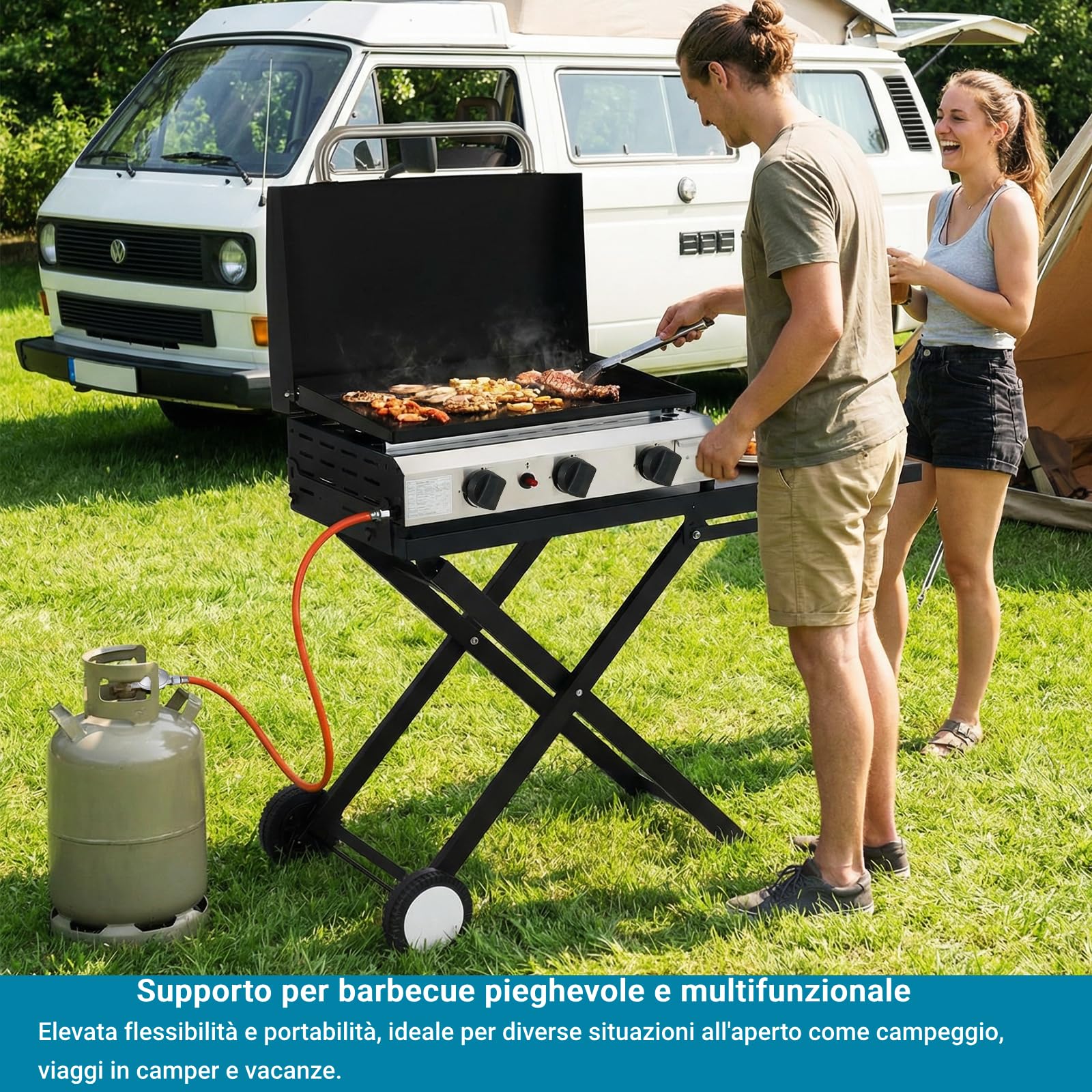 LIFERUN Carrello Barbecue Pieghevole con Ripiano Staccabile, 102x39cm Supporto Portatile con 2 Ruote, Tavolo Stabile per BBQ, per Esterno da Campeggio, Picnic e Giardino, Montaggio Facile, Nero
