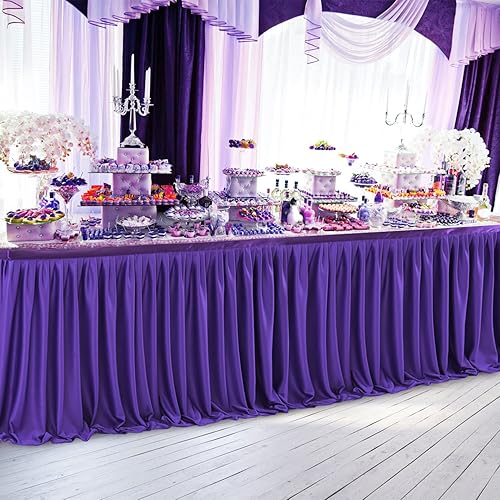 Miniatura 3 de Partisky Falda de mesa de poliéster morado para mesas rectangulares de 17 pies, mantel plisado resistente a las arrugas para banquetes, bodas,