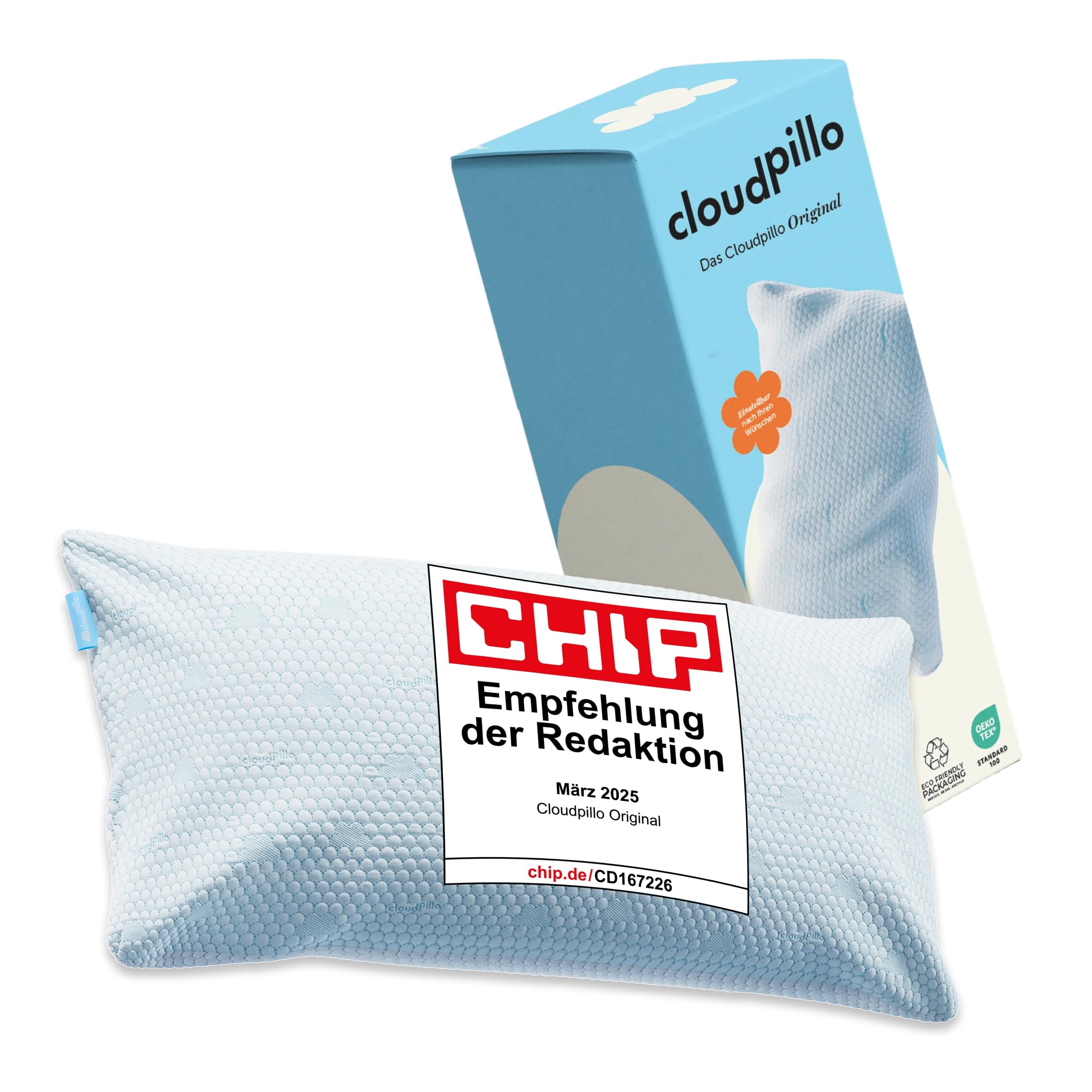 Cloudpillo Kopfkissen 40x80 cm – Ergonomisches Memory-Foam-Kissen für Seitenschläfer, höhenverstellbar, atmungsaktiv, hypoallergen