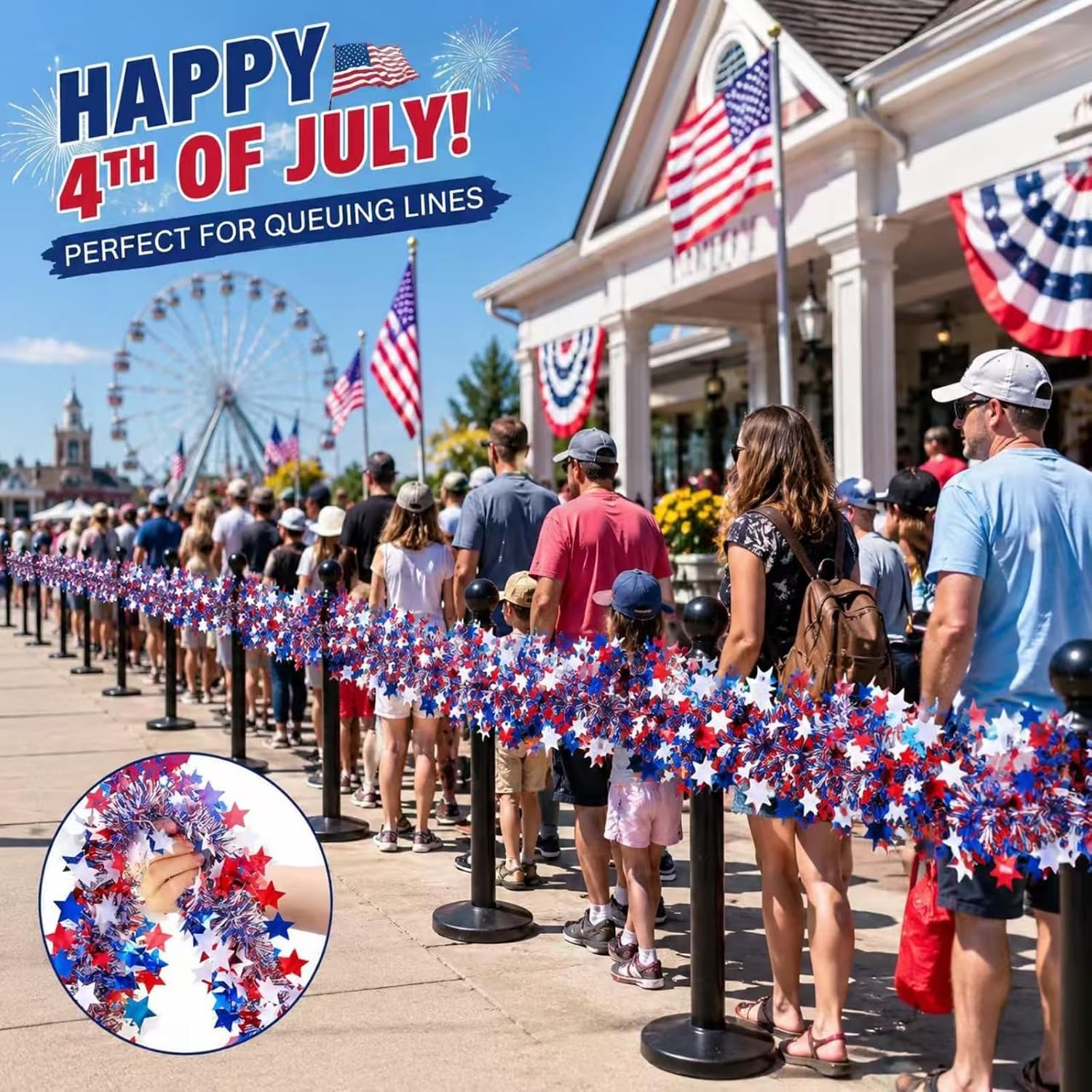50 Ft Patriotic Star Garland, Red White Blue Metallic Tinsel with 5-Pointed Stars, 4th of July & America 250th Anniversary Decorations for Independence Day Party Mantle Porch Fireplace | Shiny Metallic Tinsel Star Garland