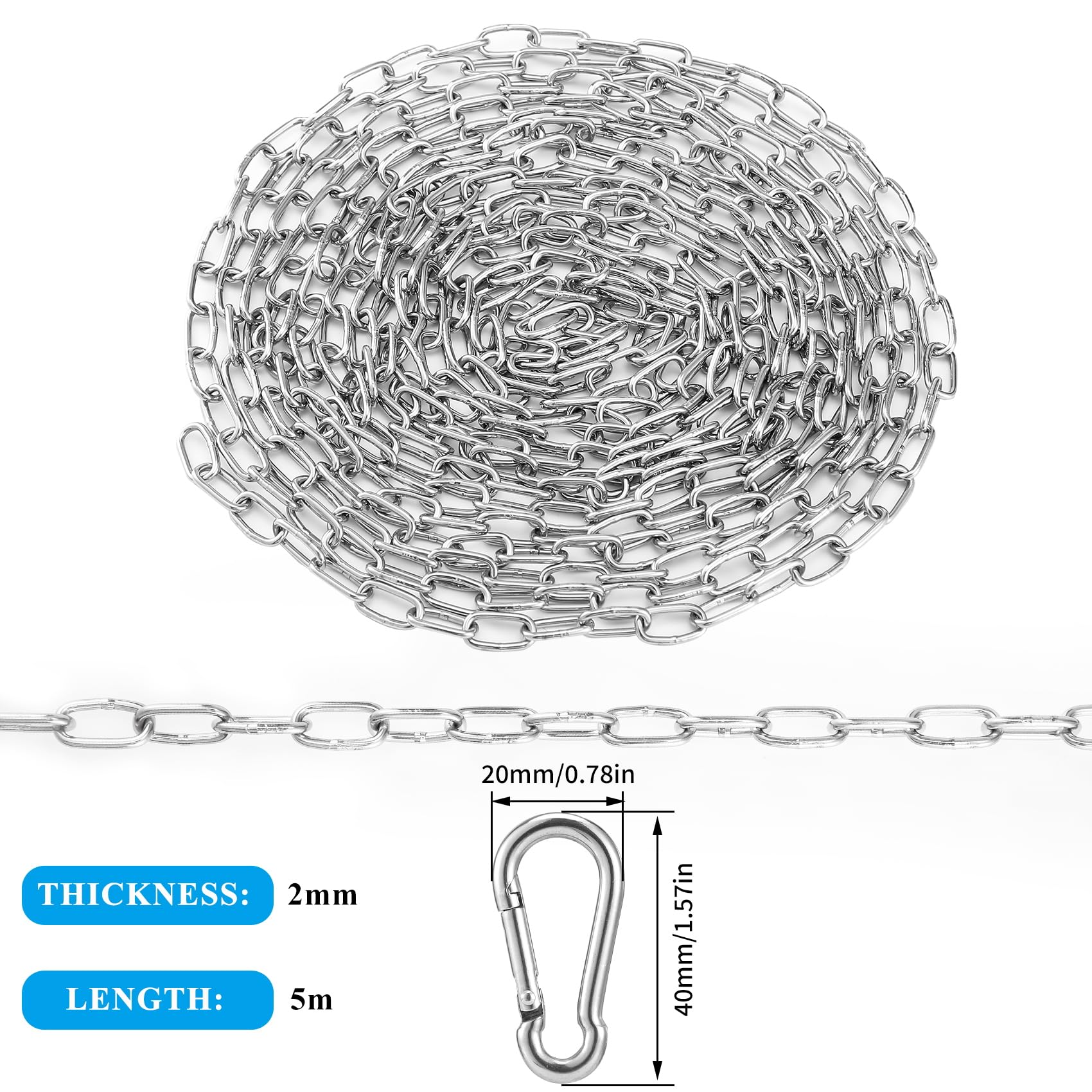 Catena in acciaio inossidabile 304, 5 metri con 2 moschettoni – Maglie da 17 mm, spessore 2 mm, larghezza 9 mm per recinzioni, gabbie per cani, progetti fai-da-te e sicurezza esterna