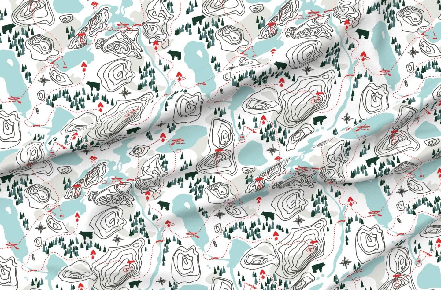 Spoonflower Fabric - Camping Map Hiking Bears Fishing Printed on Organic Cotton Sateen Fabric by The Yard - Sewing Quilting Apparel Home Decor
