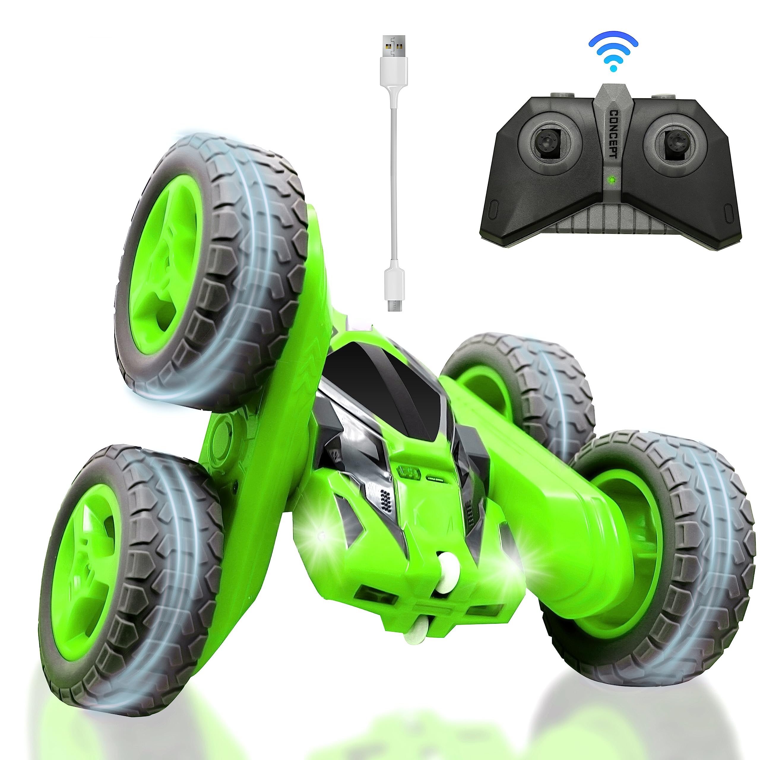 GRAFLO Remote Control Car For Kids USB Charge | Stunt Car Toys For Boys | RC Cars 360 Degree Flips Double Sided Rotating 4WD 2.4Ghz Outdoor Toys Drifting Car for Kids Birthday Gifts (Green) 6+ Years