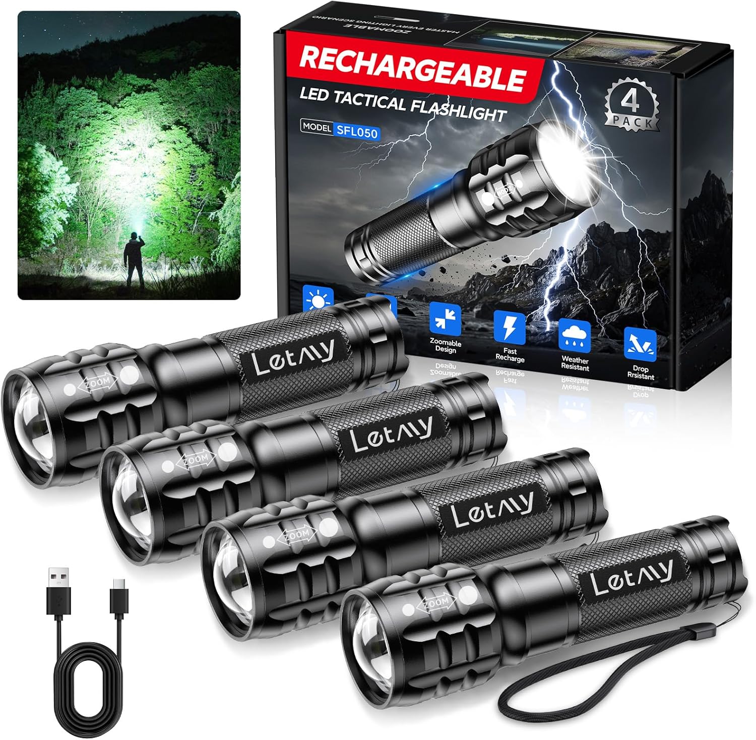 LETMY 4 Pack Rechargeable Flashlights High Lumens, 3 Modes Bright Small Flashlight for Home Tactica Flashlights Rechargeable, Zoomable LED Flashlights Waterproof for Outdoor,Camping Emergency
