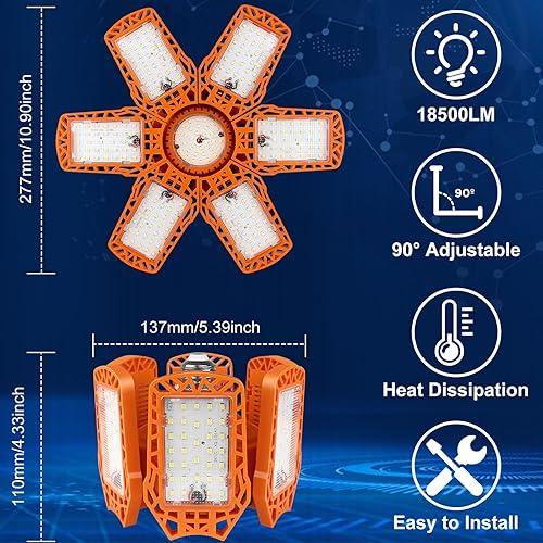 Miniatura 3 de Luz de garaje de 185 W, luz LED naranja de 18500 lm con 6+1 paneles deformables, luces LED de techo de garaje compatibles con base E26E27 para