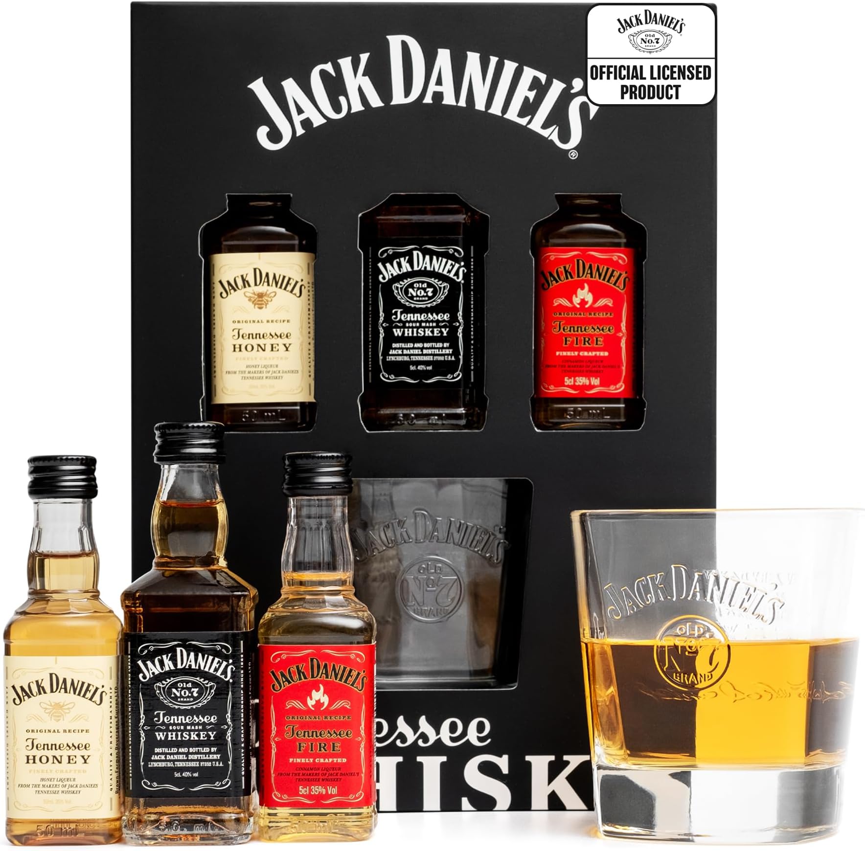 Jack Daniels Gift Set - Honey, Fire, JD Whisky Old No7, 3x 5cl, Mini Alcohol Bottles and JD Tennessee Whiskey Glass - Official Licensed Jack Daniels Gifts for Men, Boyfriend Gifts for Him, Christmas
