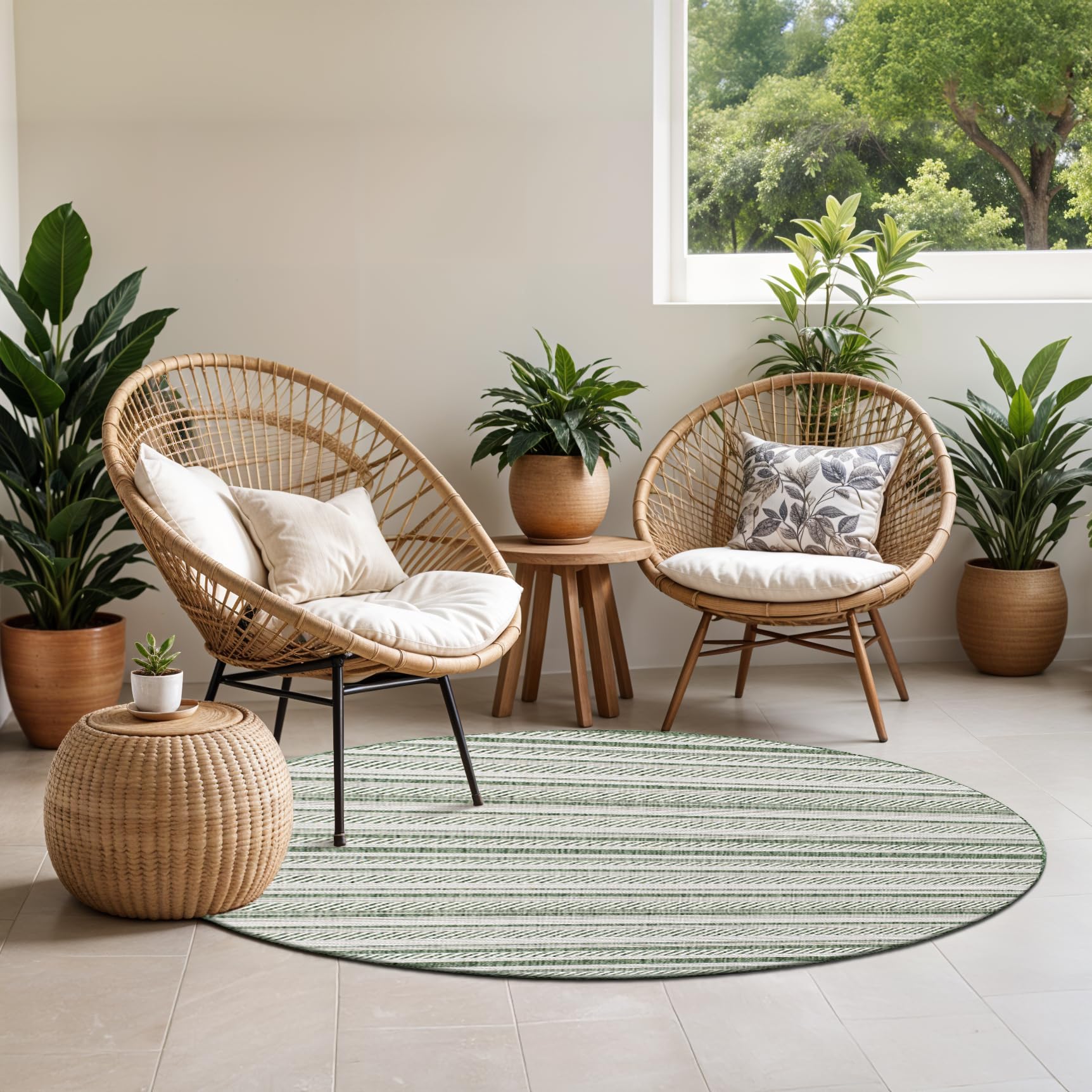 Livabliss Kavita Ibiza Indoor Outdoor Floor Covering 160 cm – Boho Pattern for Living Room, Dining & Kitchen, Waterproof & Stain-Resistant, Green & Ivory