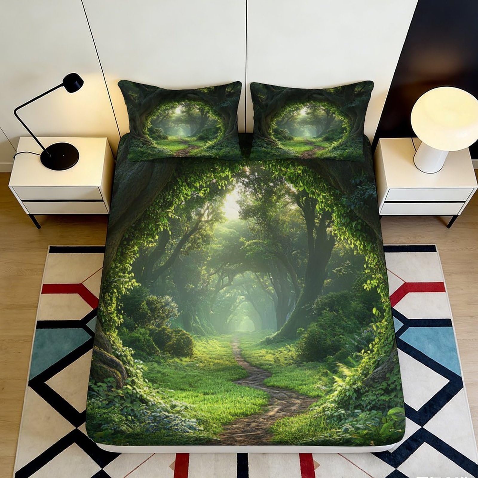 3D Printed Forest Path Fitted Sheet Microfiber Soft Green Nature Tunnel Mattress Cover Bedroom Decor 90x200x25cm