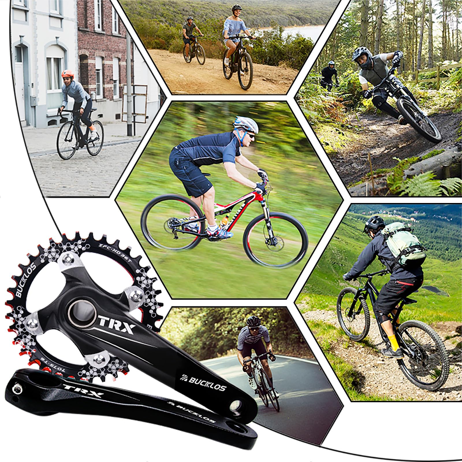 104 BCD MTB Crankset 32-38T – Kit de crankset de vélo de montagne creux intégré 170 mm – 1 x kit de grue de vélo en alliage d'aluminium avec anneau de chaîne à dents larges et goujons pour VTT