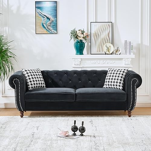 Miniatura 15 de Sofá biplaza moderno de terciopelo negro de mediados de siglo, sofá Chesterfield de 67 pulgadas con ribete de cabeza de clavos, brazo enrollado,