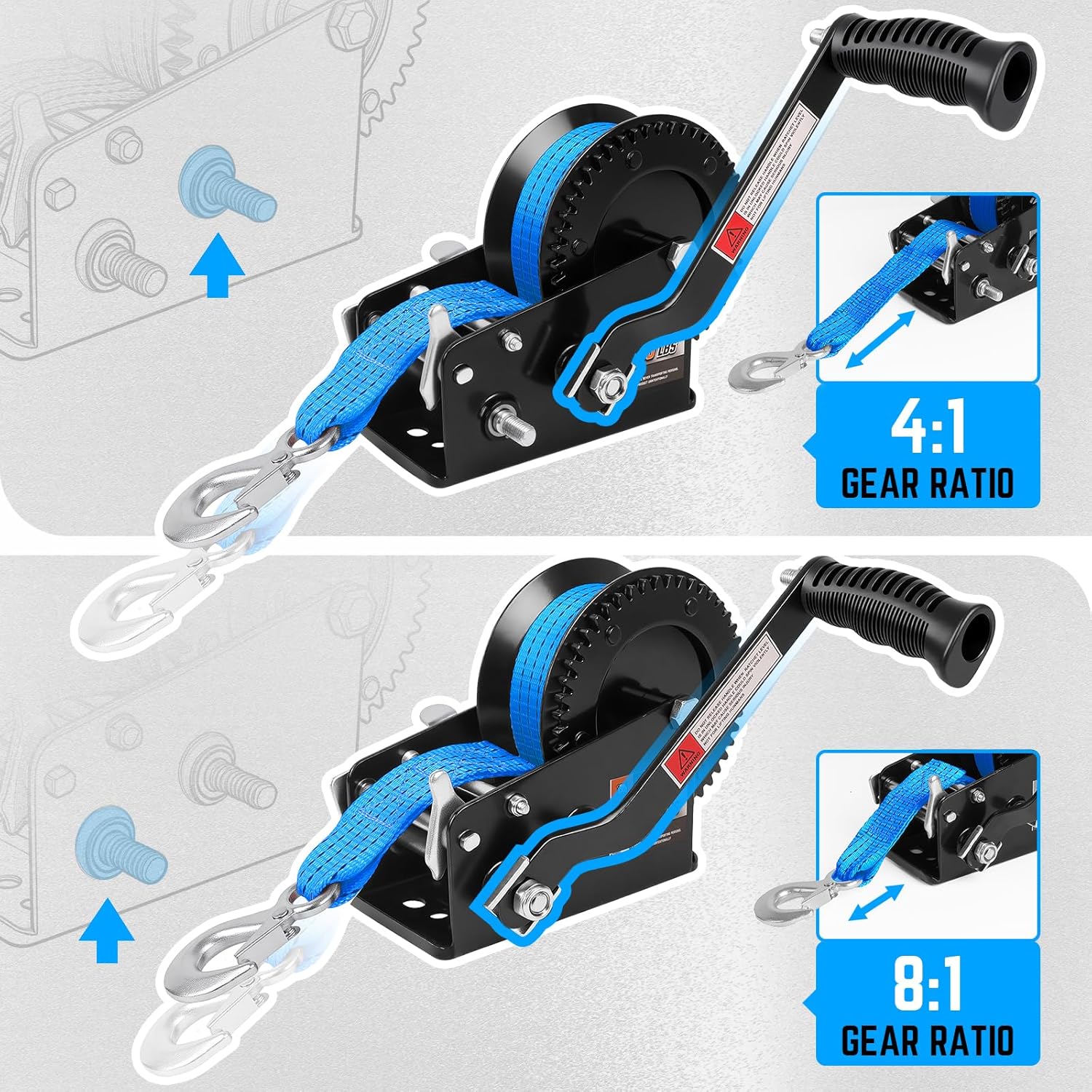 3500lbs Boat Trailer Winch, Heavy Duty Hand Winch with 33FT Strap, 2-Way Ratchet with 4:1/8:1 Gear Ratio, Comfortable Handle for Boat, Truck, Trailer, RV, ATV, Jet Ski- Blue