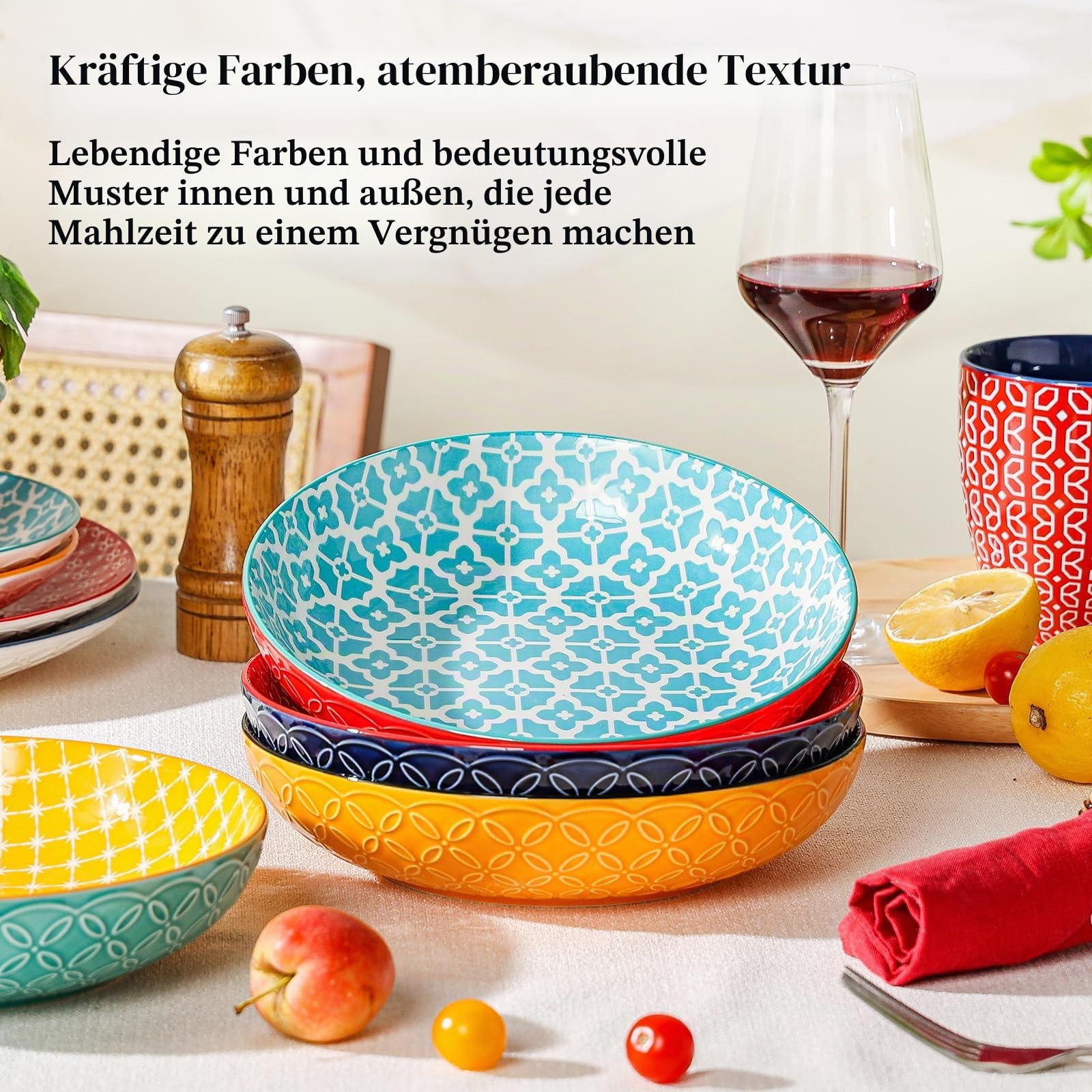 DOWAN Pastateller Groß Tief 4er Set, Ø 21,5 cm Porzellan Suppenteller Tief, Pastaschale Rund, Klassische Nudelteller, Bowl Teller Keramik für Pasta, Nudeln, Suppe, Salat-Lebendige Farben
