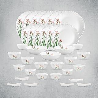 La Opala Opal Glass Crockery | for Family of 6 | Dinner Set 35 pcs Pink Florets | Plates & Bowls for Dining | Microwave Safe | 100% Vegetarian | Extra