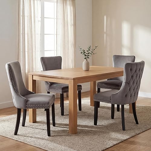 Miniatura 21 de Juego de 6 sillas de comedor de terciopelo beige, Silla tapizada de tela para cocina y comedor, sillas de comedor modernas de mediados de siglo,