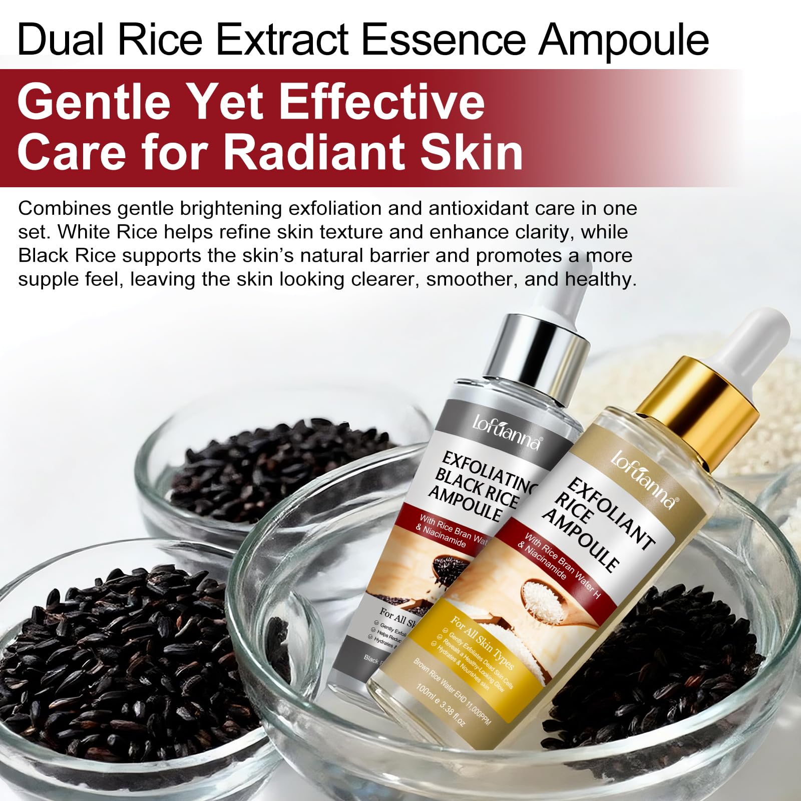 Sérum Exfoliant Visage au Riz Blanc 100ml + Riz Noir 100ml, Peeling Visage Doux AHA BHA VB3, Élimine Peaux Mortes, Affine le Grain de Peau, Réduit Pores, Éclat & Hydratation, Soin Coréen,Toute la Peau