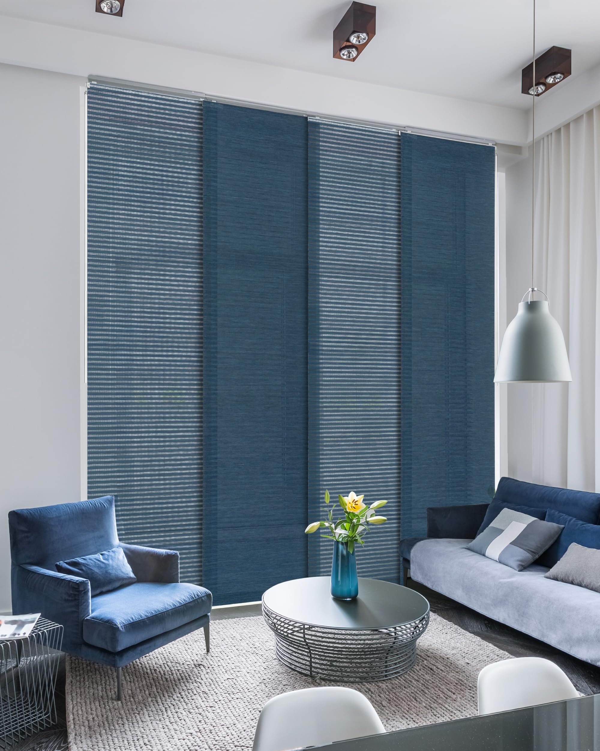 GoDear Design Adjustable Sliding Vertical Blinds for Sliding Glass Doors, Hanging Room Dividers, Extendable Track from 45.8" to 86" W, Trimmable Panel Curtains Up to 96", Semi-Sheer, Blue, Meteor