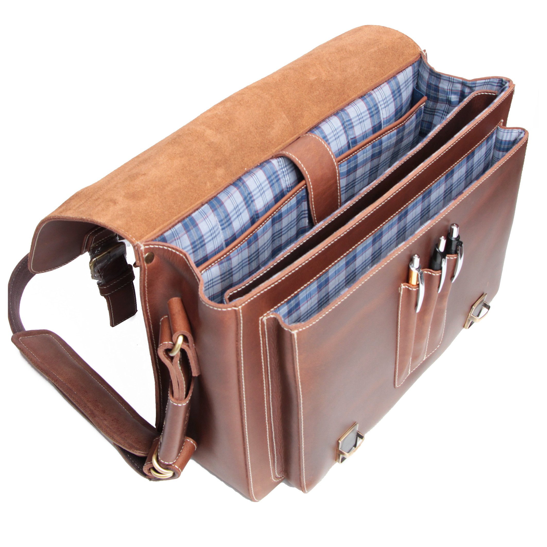 ALMADIH Leder Messenger *WILL* handgefertigt aus robustem Premium Rindsleder braun Vintage Sattlerqualität - Umhängetasche Laptoptasche Notebook Businesstasche Lehrertasche Unitasche Schultertasche