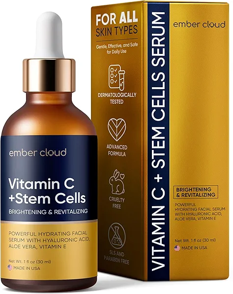 Ember Cloud Vitamin C Serum for Face with Stem Cells Hyaluronic Acid Vitamin E Aloe Vera For All Skin Types Anti-Aging Face Seru Supports Skin Health & Even Tone Day and Night Made in USA 1 Oz