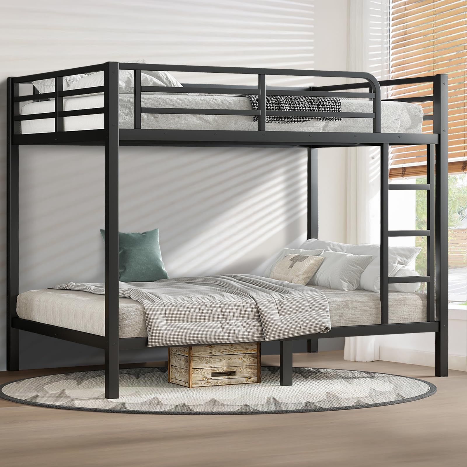 Full Over Full Bunk Bed Frame, Heavy Duty Metal Loft Bed for Adults/Teens, 350/500LB Capacity w/Ladder & Guardrail, Noise-Free Steel Slats, No Box Spring Required, Black