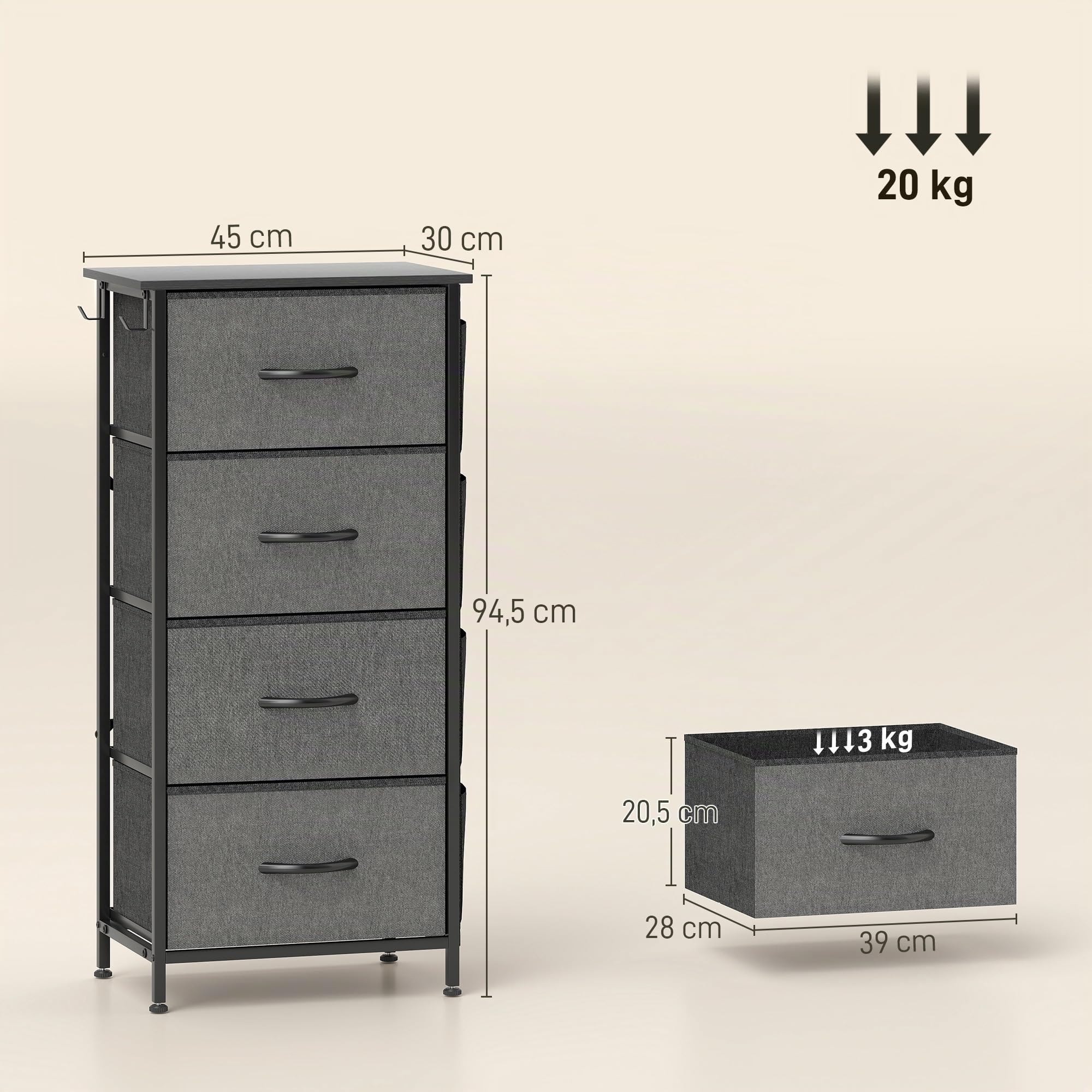 HOMCOM Commode 4 Tiroirs en Tissu 4 Poches 2 Crochets Gris