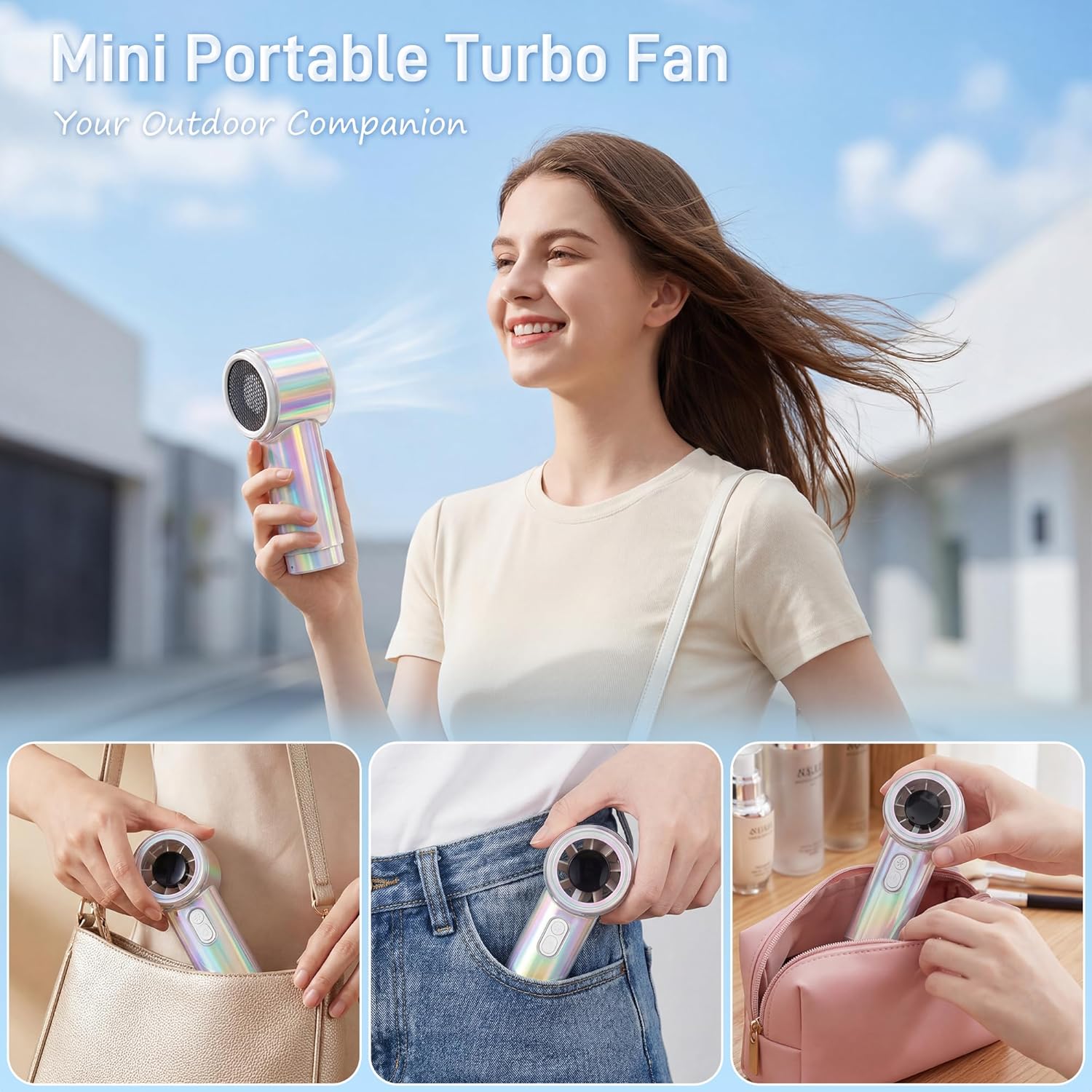 Portable Handheld Fan, Up to 12 Working Hours, 15000RPM High Speed Turbo Fan, Personal Pocket Fan with 100 Speed, Rainbow Battery Rechargeable, Summer Essentials for Women Beach Travel Outdoor