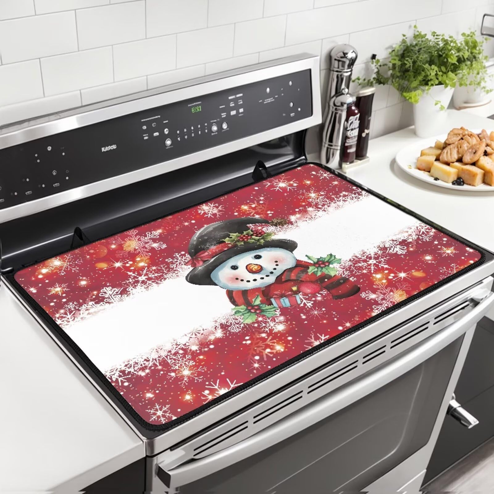 Christmas Theme Stove Top Covers, Electric Stove Protector, Anti-Slip Heat Resistant Glass Cooktop Covers Kitchen Accessories, Cartoon Snowman Print Red