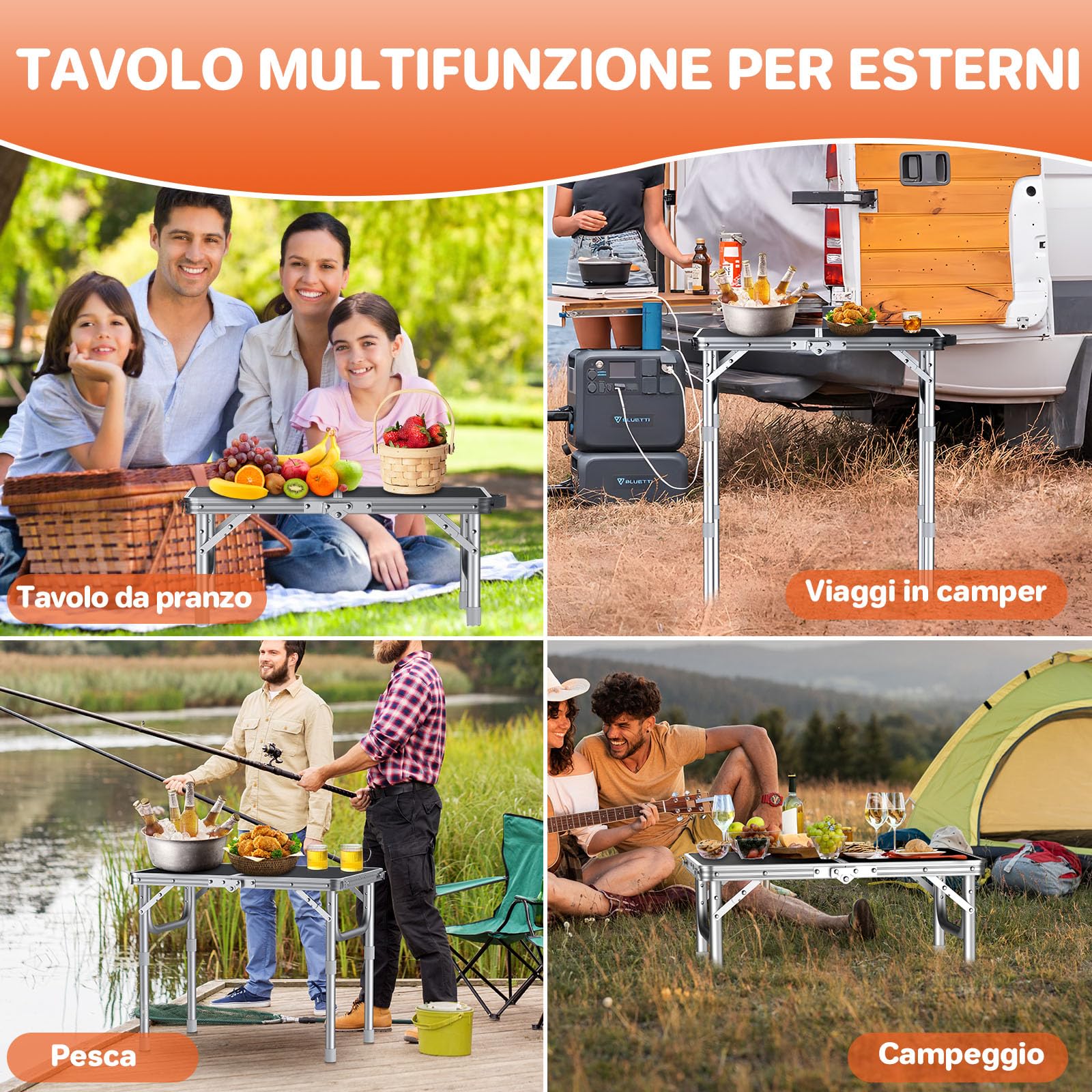 FUNYKICH Tavolo da Campeggio Pieghevole 58x40 cm Alluminio 3 Altezze Regolabili 26/48/70 cm Maniglia Trasporto MDF Argento