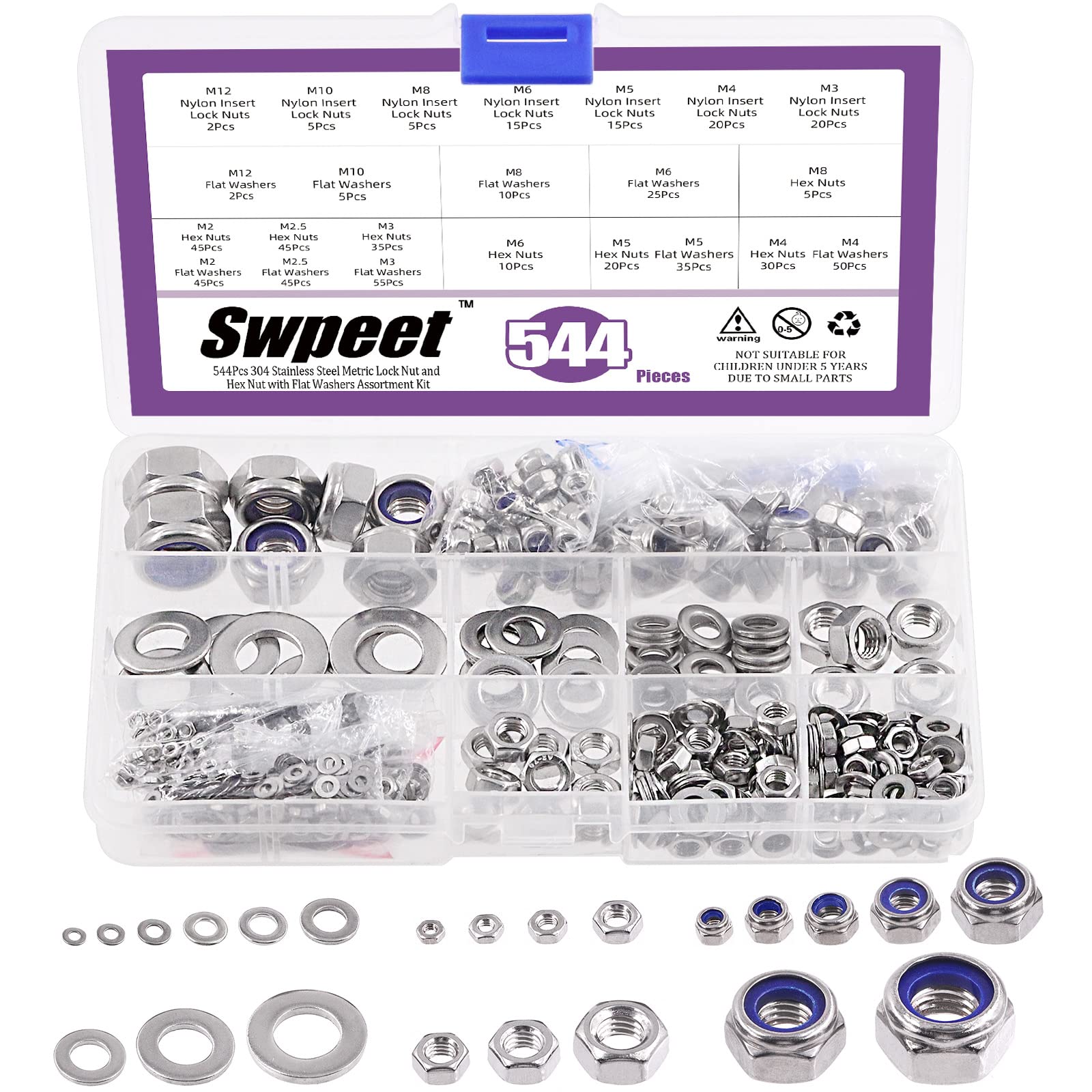 Swpeet 544Pcs Metric 304 Stainless Steel Hex Lock Nuts and Hex Nuts with Flat Washers Assortment Kit