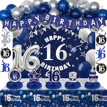 Blue Silver 16th Birthday Decorations for Boys Girls, Sweet 16 Party Decorations with Happy Birthday Banner 16 Balloon Numbers Backdrop Honeycomb Centerpieces, Sixteen Year Old Bday Supplies 51 Pcs