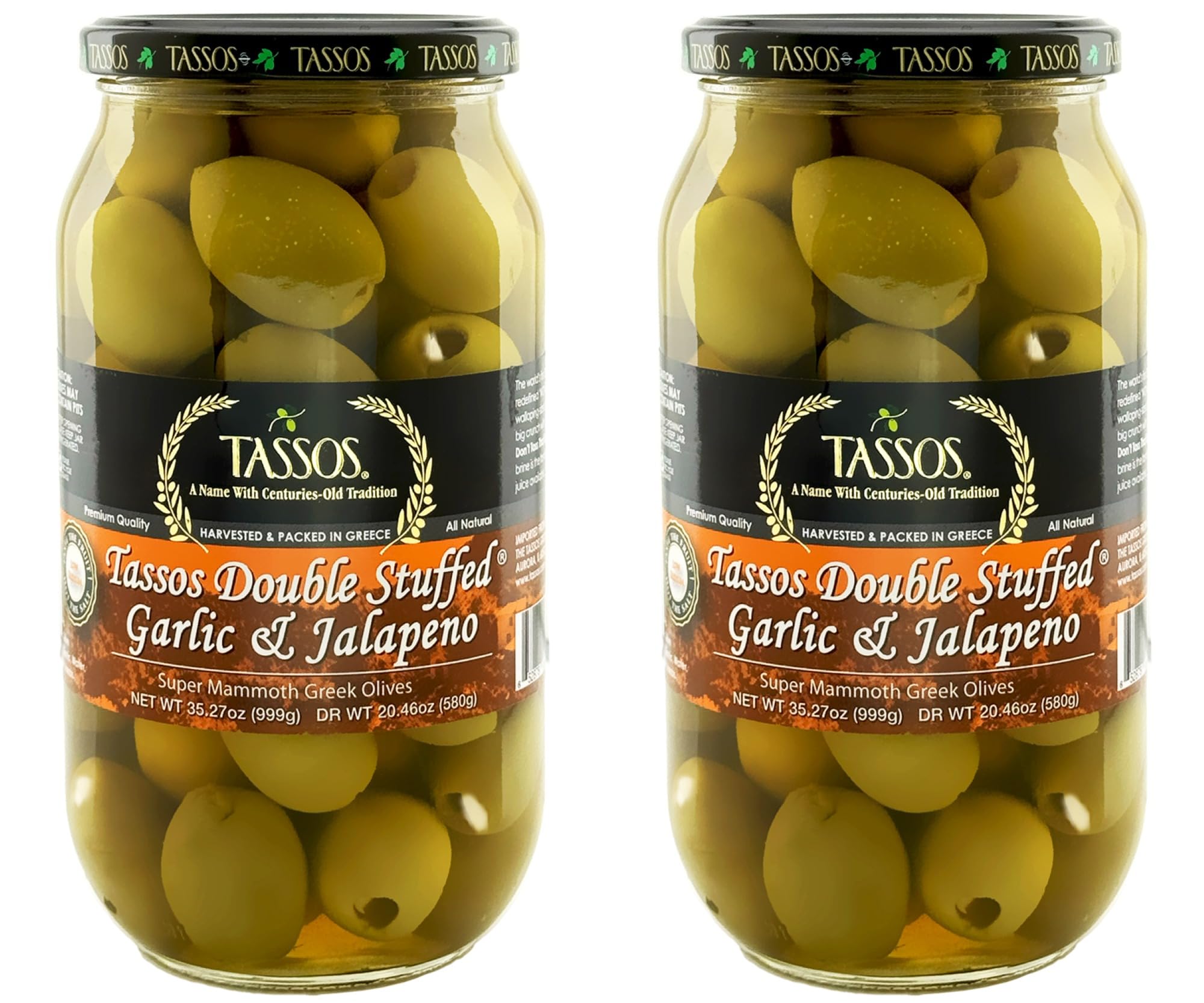 Tassos All Natural Double Stuffed Jalapeno & Garlic Super Mammoth Olives – 2-Pack, 2.2 Lb Each