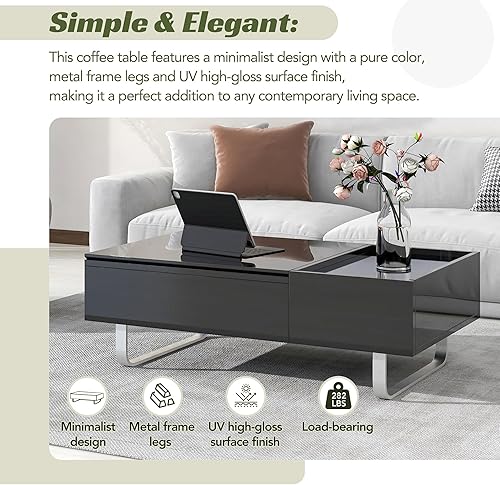 Miniatura 118 de Mesa de centro moderna con 2 cajones de almacenamiento y estantes de exhibición, mesa de cóctel rectangular con luces LED de 16 colores, ideal para