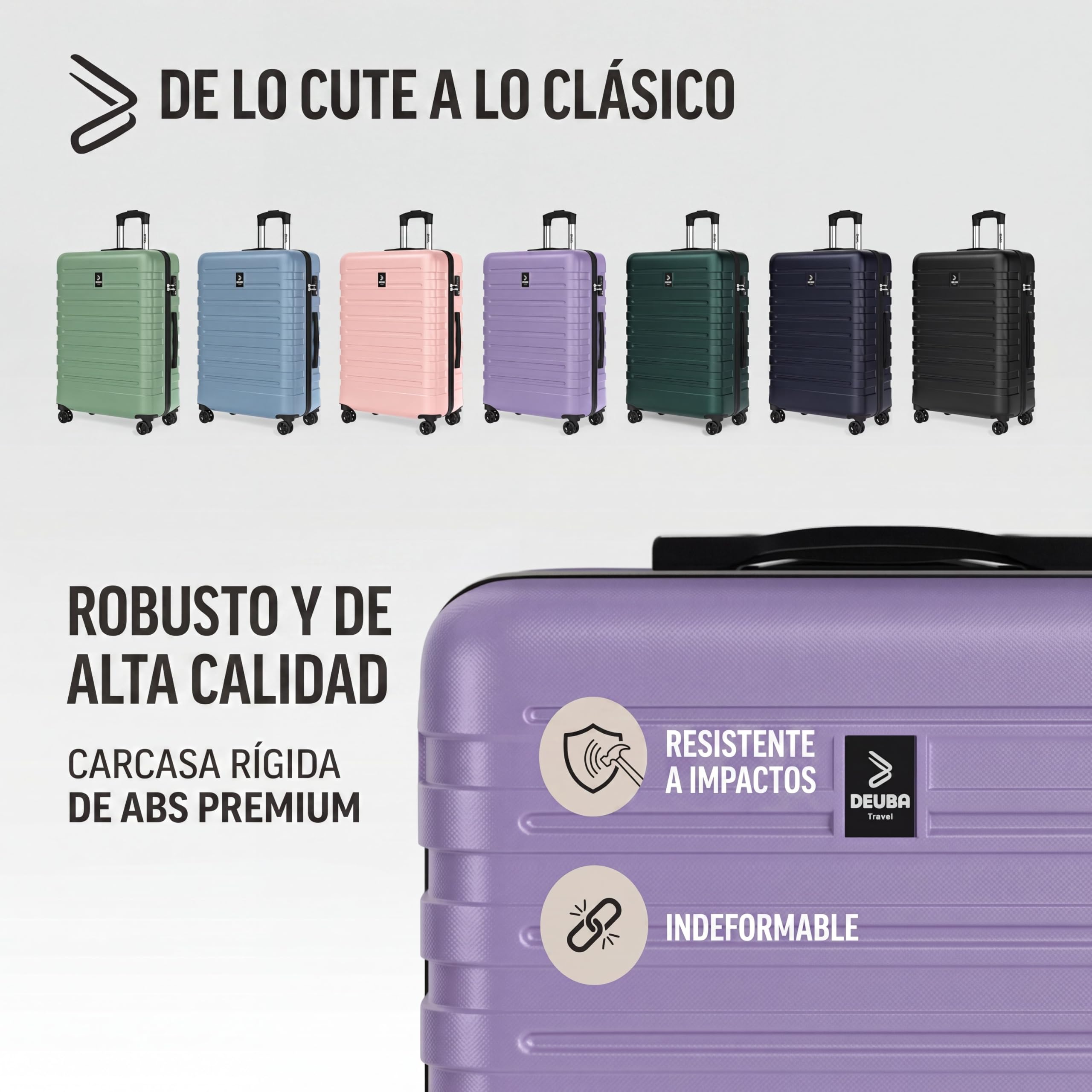 DEUBA® Juego de Maletas de Viaje Rígidas ABS 3 Piezas Asa Telescópica Correas Compartimientos Resistente Trolley Ruedas 360° Cerradura Combinación Apilables Lila Pastel