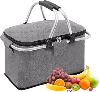 Cesta de picnic plegable, bolsa isotérmica de 30 L, cesta térmica con asa, cesta de compras, gran capacidad, para camping, viajes, compras, actividades al aire libre (gris)