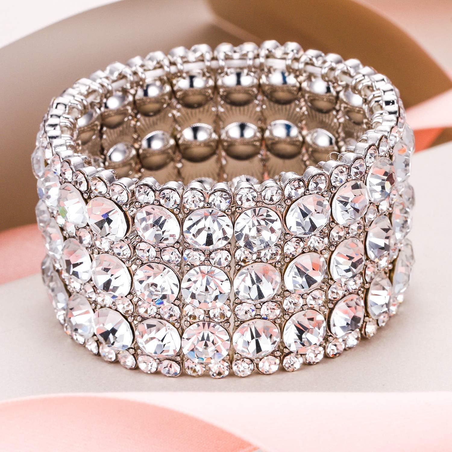 EVER FAITH Women's Round Shaped Austrian Crystal Wedding 3 Layers Luxury Elastic Stretch Bracelet - Image 5