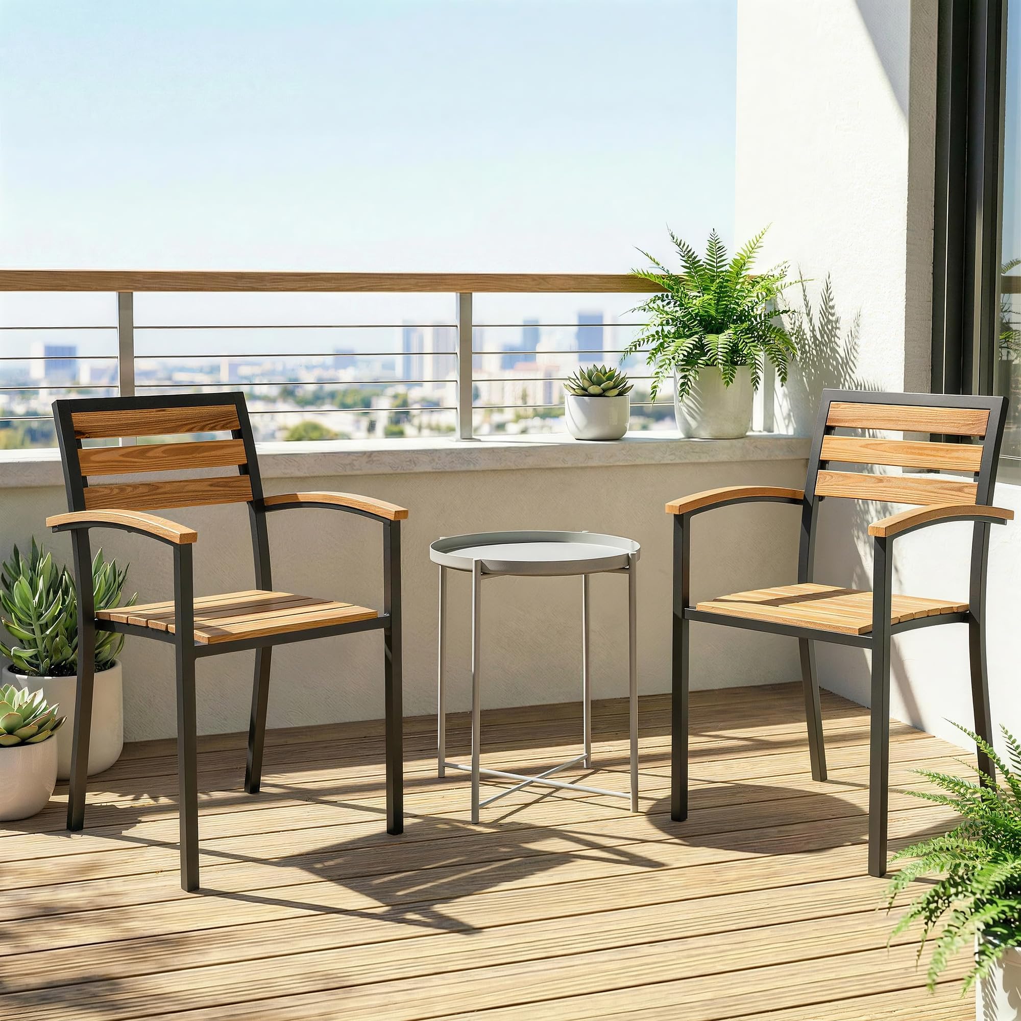 Outsunny Set 2 Sedie da Giardino Impilabili in Legno di Larice, Sedie per Pranzo da Esterno in Acciaio con Braccioli, Schienale a Doghe, per Patio Balcone Terrazza Esterno, 56x59x84 cm, Color Legno