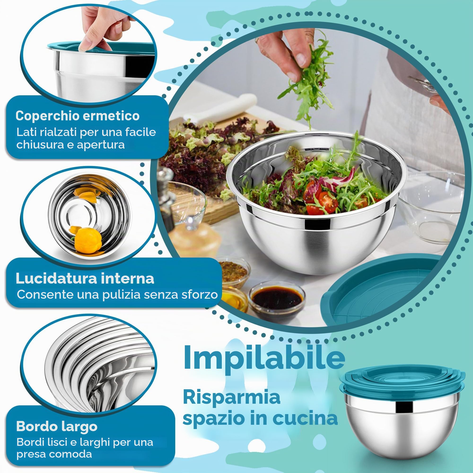 HaWare Set di 7 ciotole in acciaio inox, impilabili con coperchio ermetico per cuocere/cucinare/preparare, lavabili in lavastoviglie, 6,5/4,5/3/2,5/1,5/1,2/0,7 l, blu