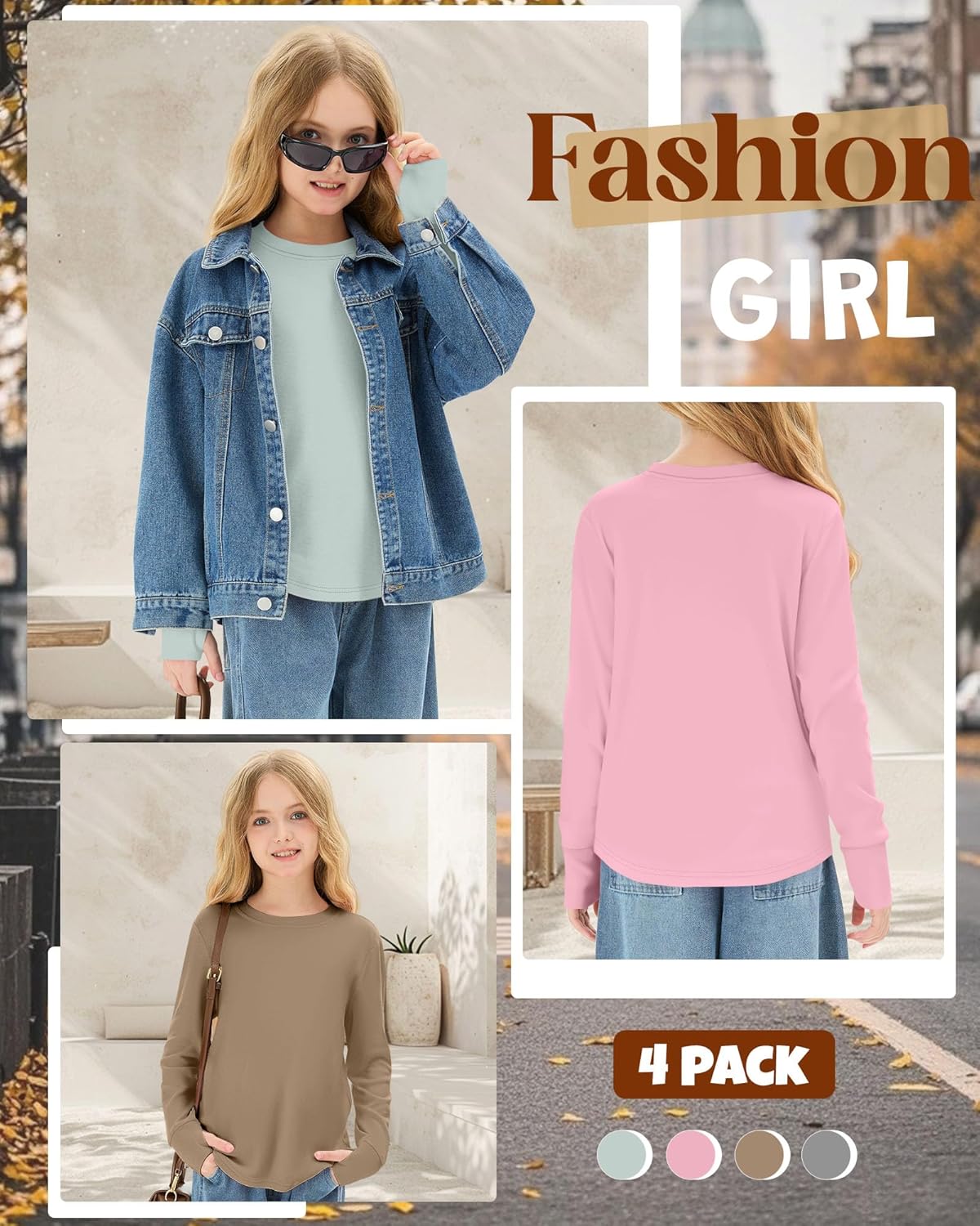 4 Pack Girls' Cotton Shirts with Thumb Holes Long Sleeve Basic Crew Neck Tops Casual Lightweight Tees 5-14Y - Image 5