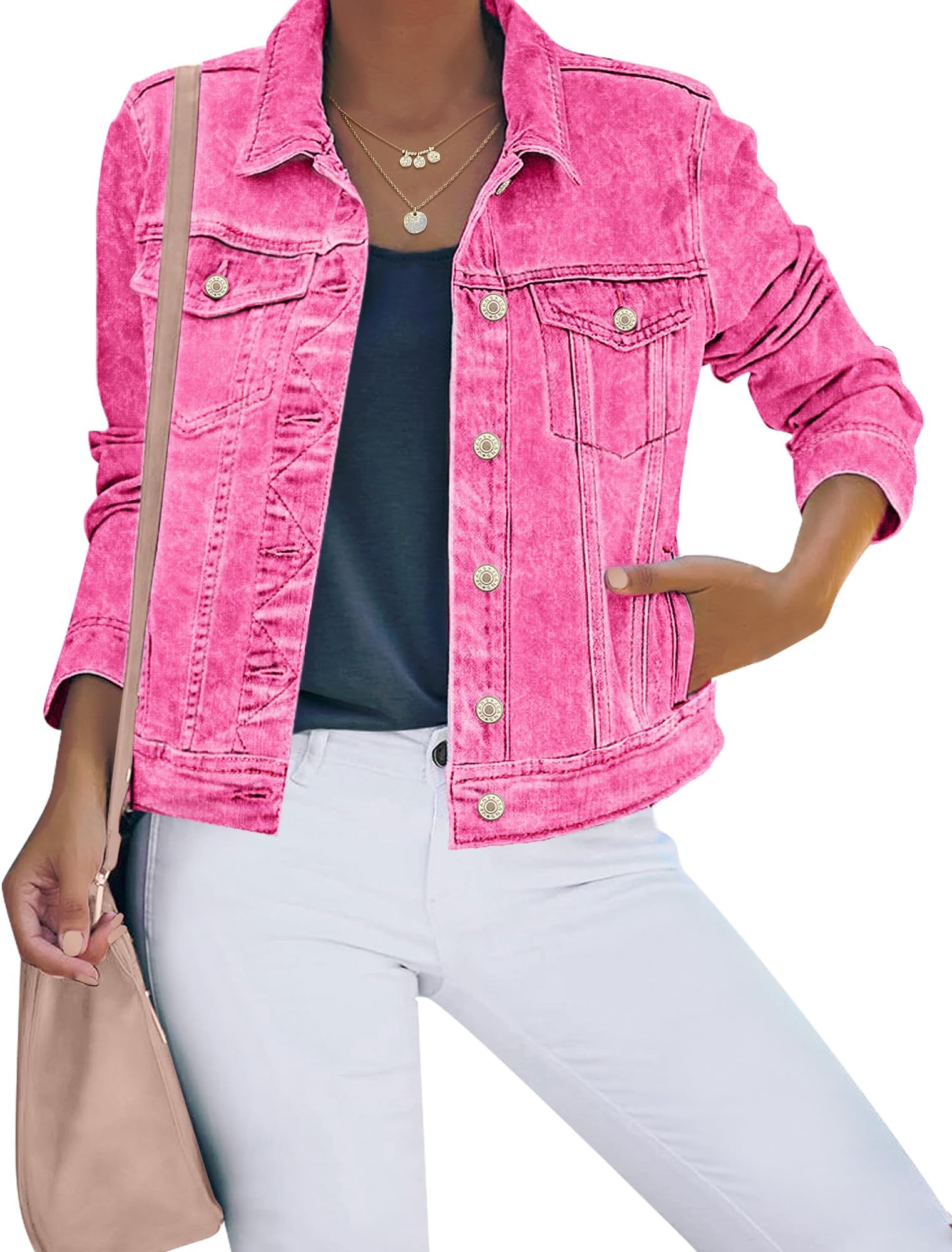 luvamiaWomen's Basic Button Down Stretch Fitted Long Sleeves Denim Jean Jacket